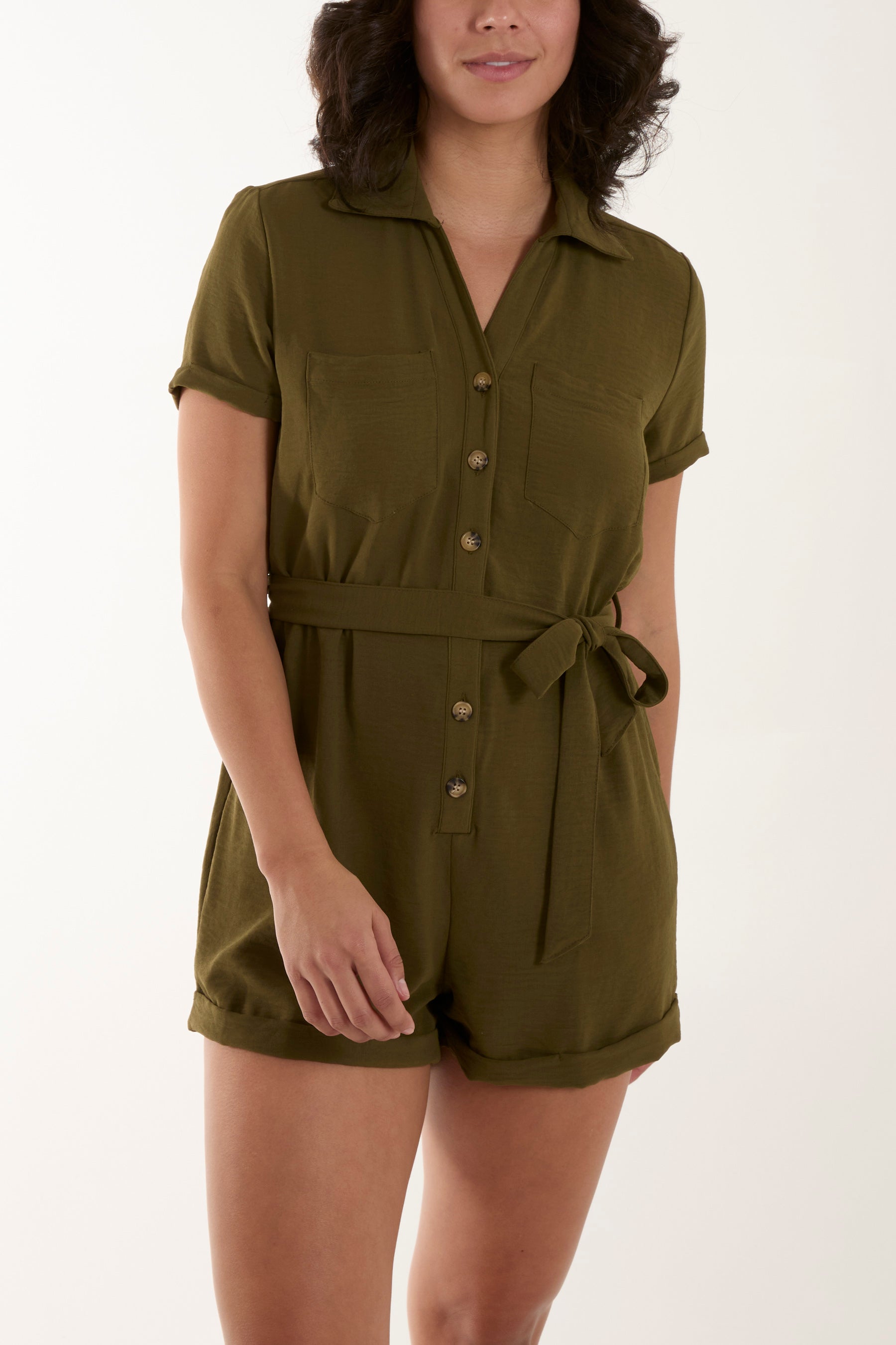 Short Sleeve Tie Waist Utility Playsuit