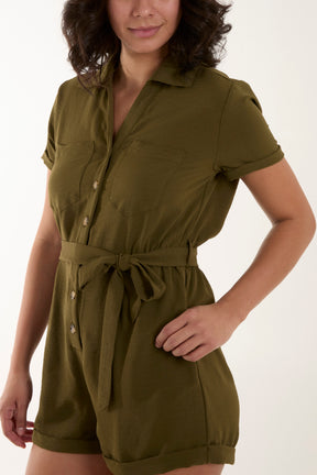 Short Sleeve Tie Waist Utility Playsuit