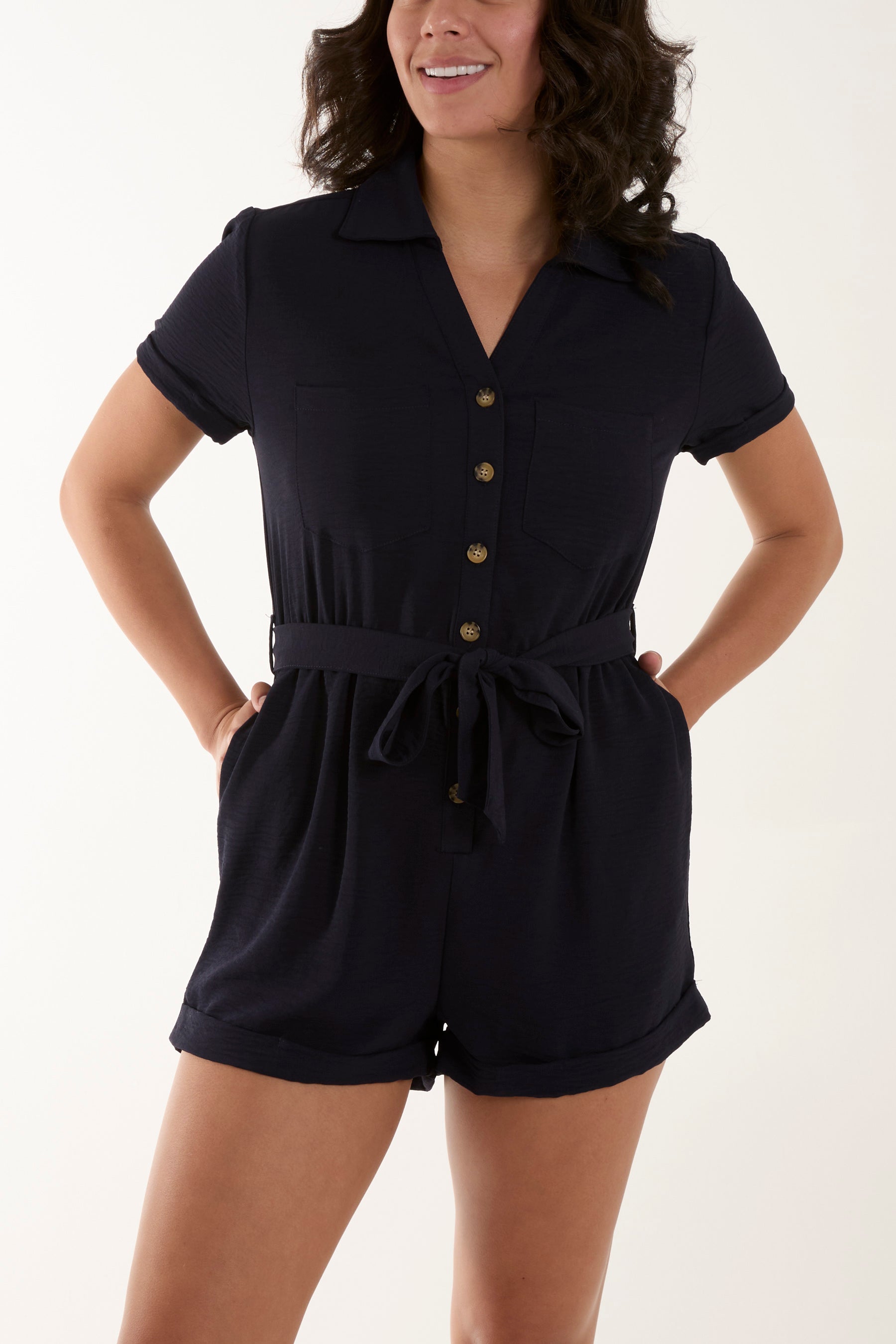 Short Sleeve Tie Waist Utility Playsuit