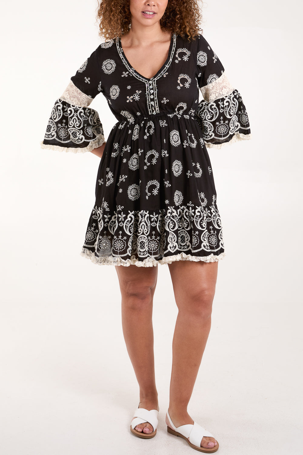 Embellished Neck Embroidered Mini Dress