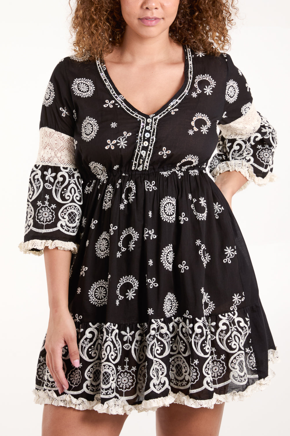 Embellished Neck Embroidered Mini Dress