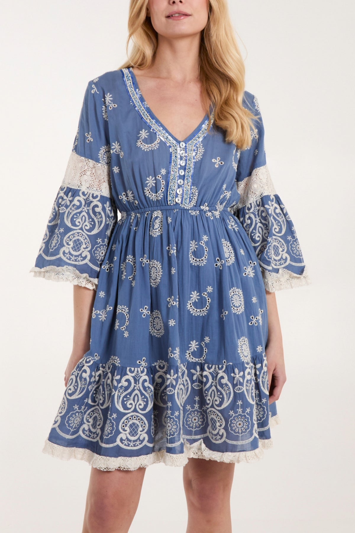 Embroidered Frill Sleeve Tiered Mini Dress
