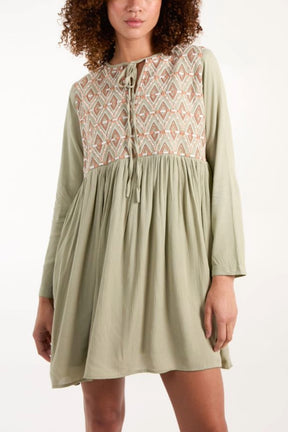 Embroidered Tie Top Tunic Dress
