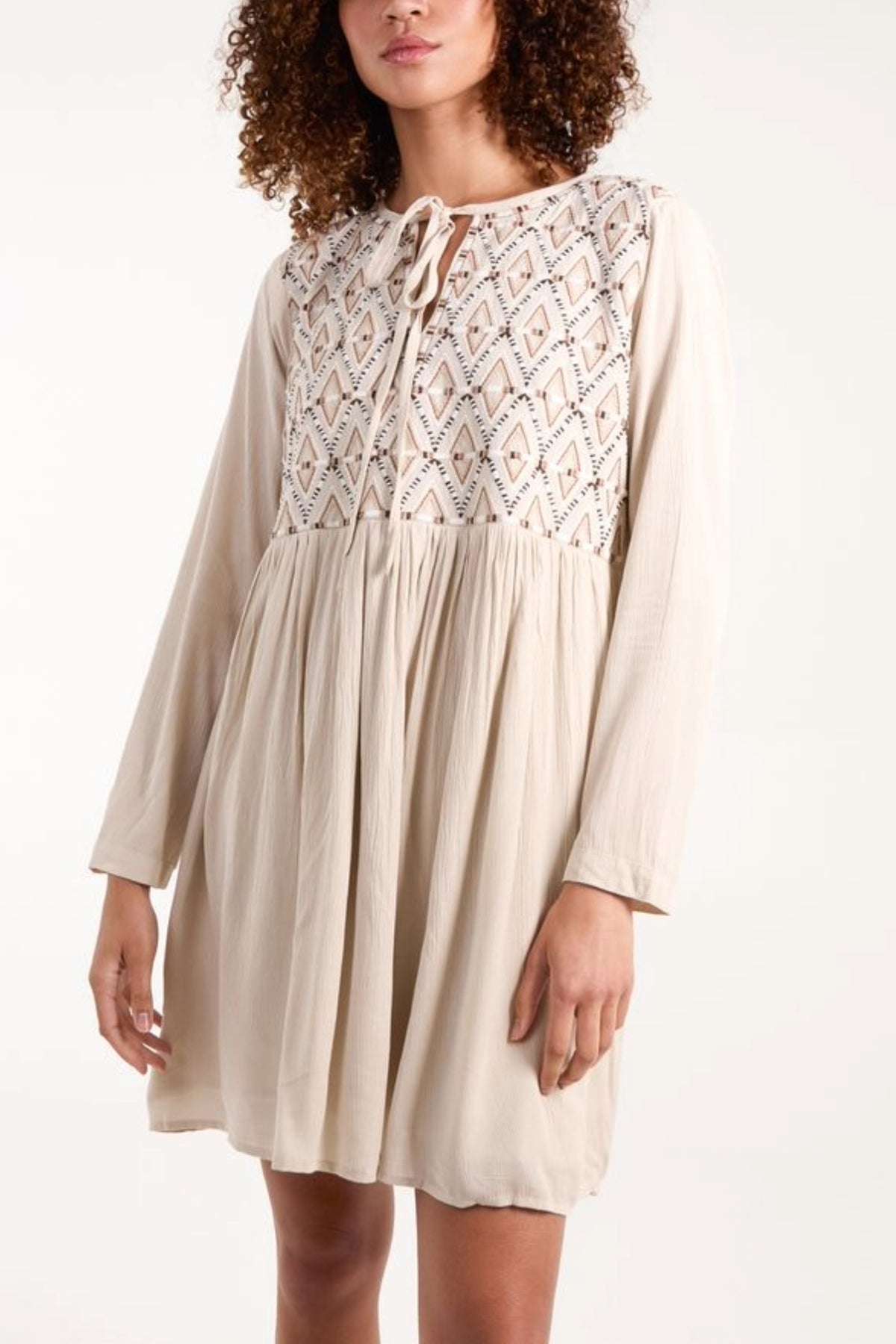 Embroidered Tie Top Tunic Dress