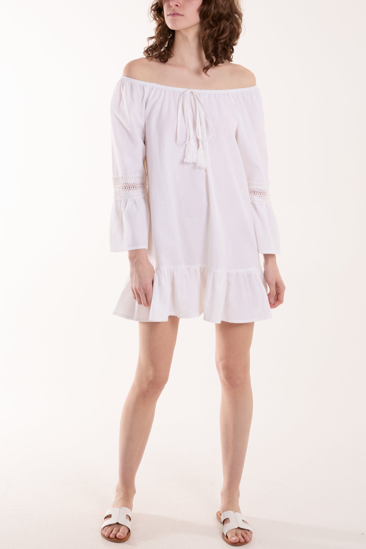 Lace Trim Tassel Tunic Bardot Mini Dress