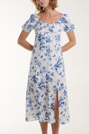 Sweetheart Neckline & Puff Sleeve Floral Dress