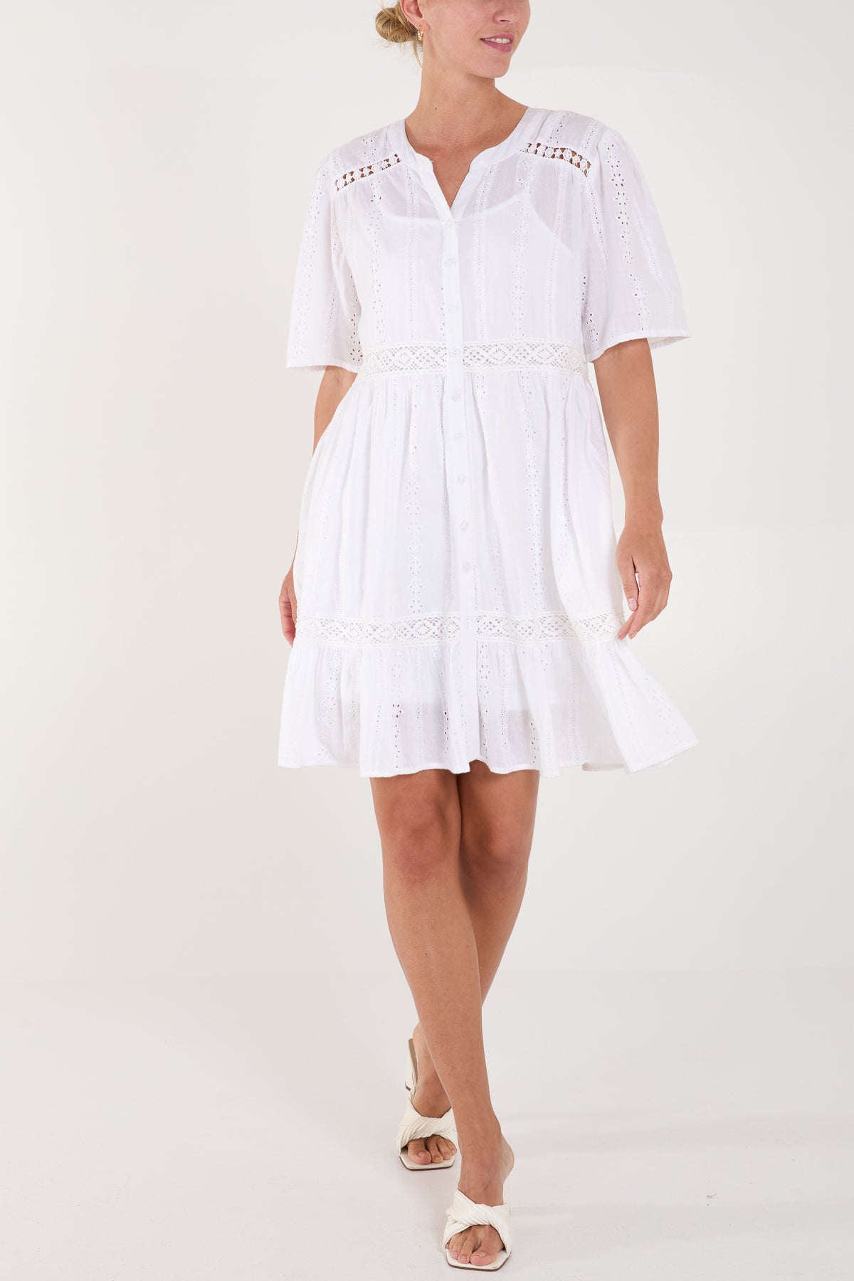 Broderie Anglaise Button Tiered Mini Dress