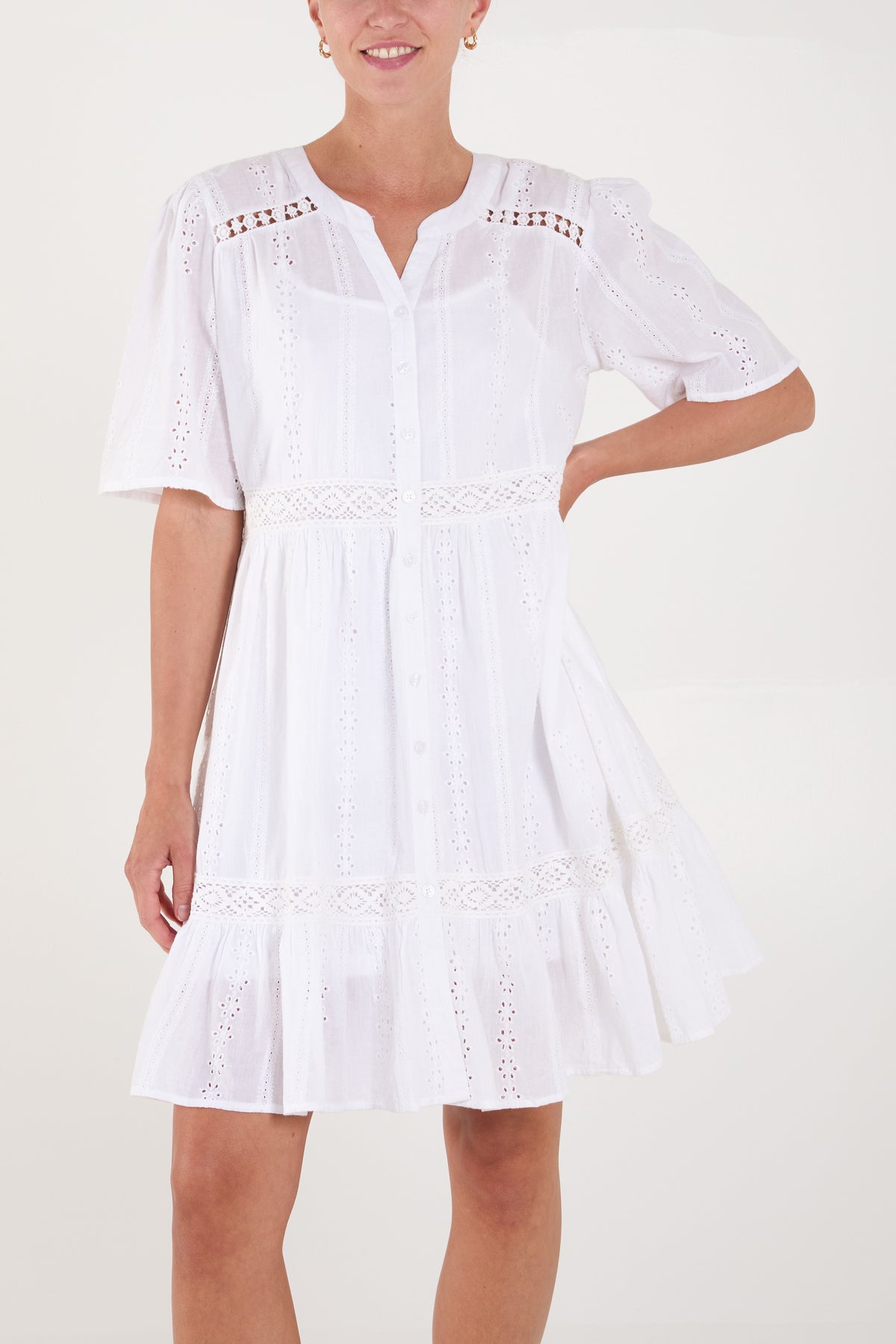 Broderie Anglaise Button Tiered Mini Dress