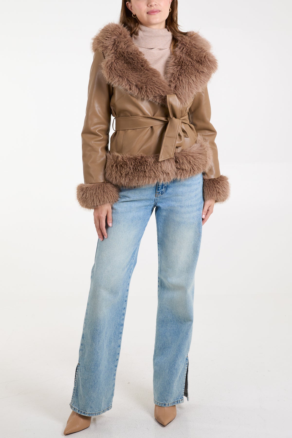 Faux Fur Cropped Leather Look Jacket