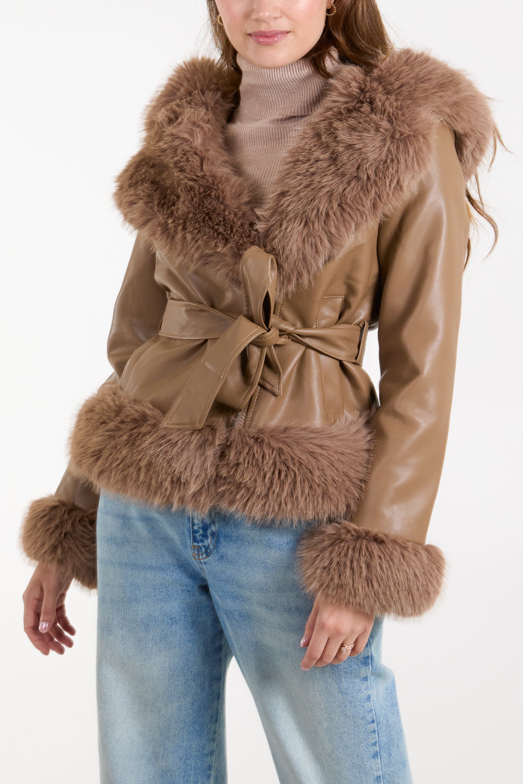 Faux Fur Cropped Leather Look Jacket