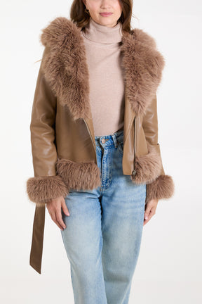 Faux Fur Cropped Leather Look Jacket