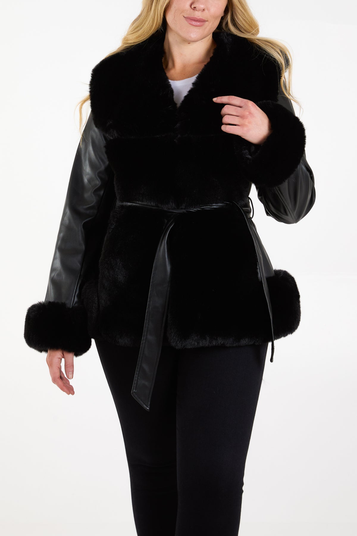 Panel Fur Pu Belted Coat