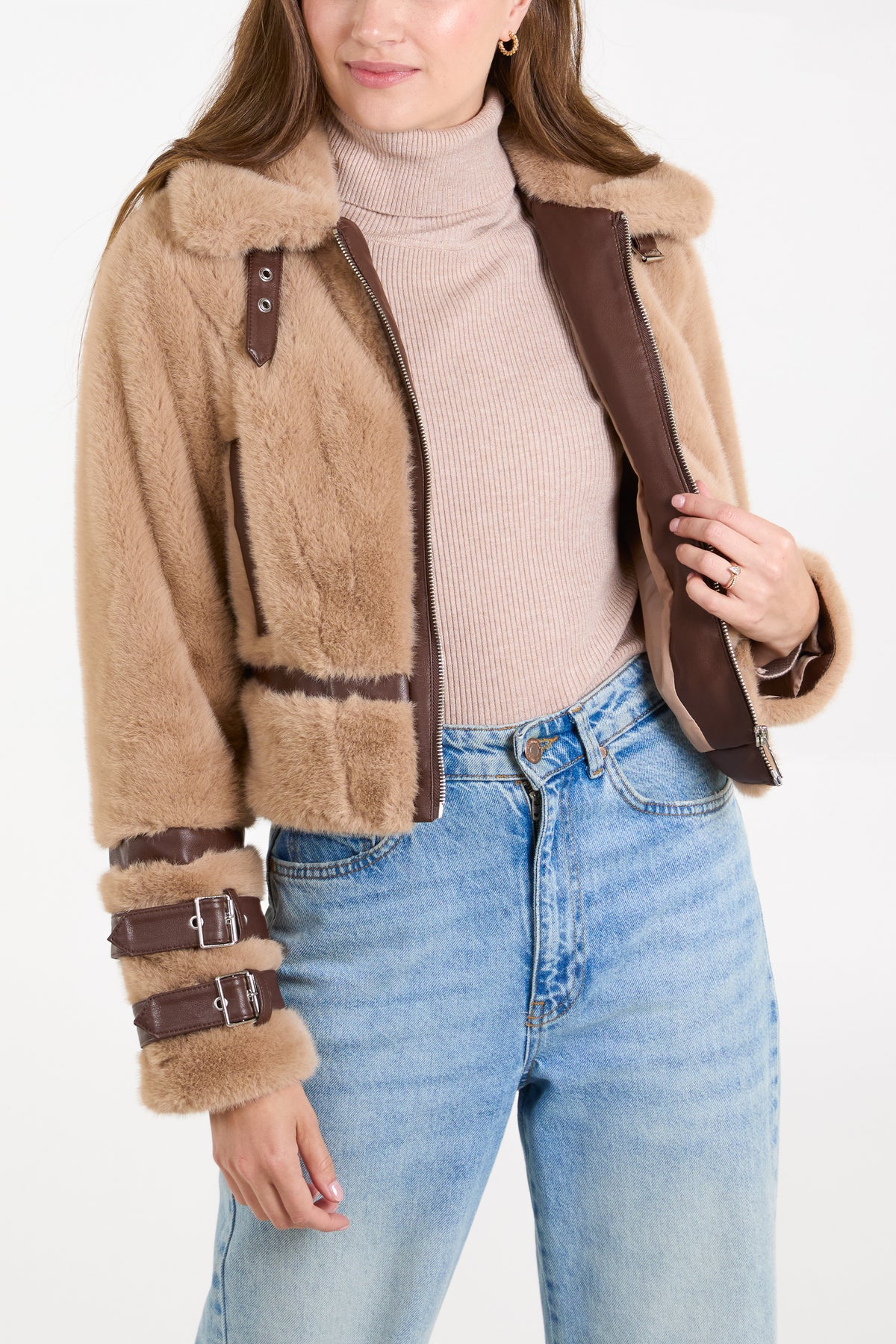 Faux Fur Pu Buckle Detail Coat