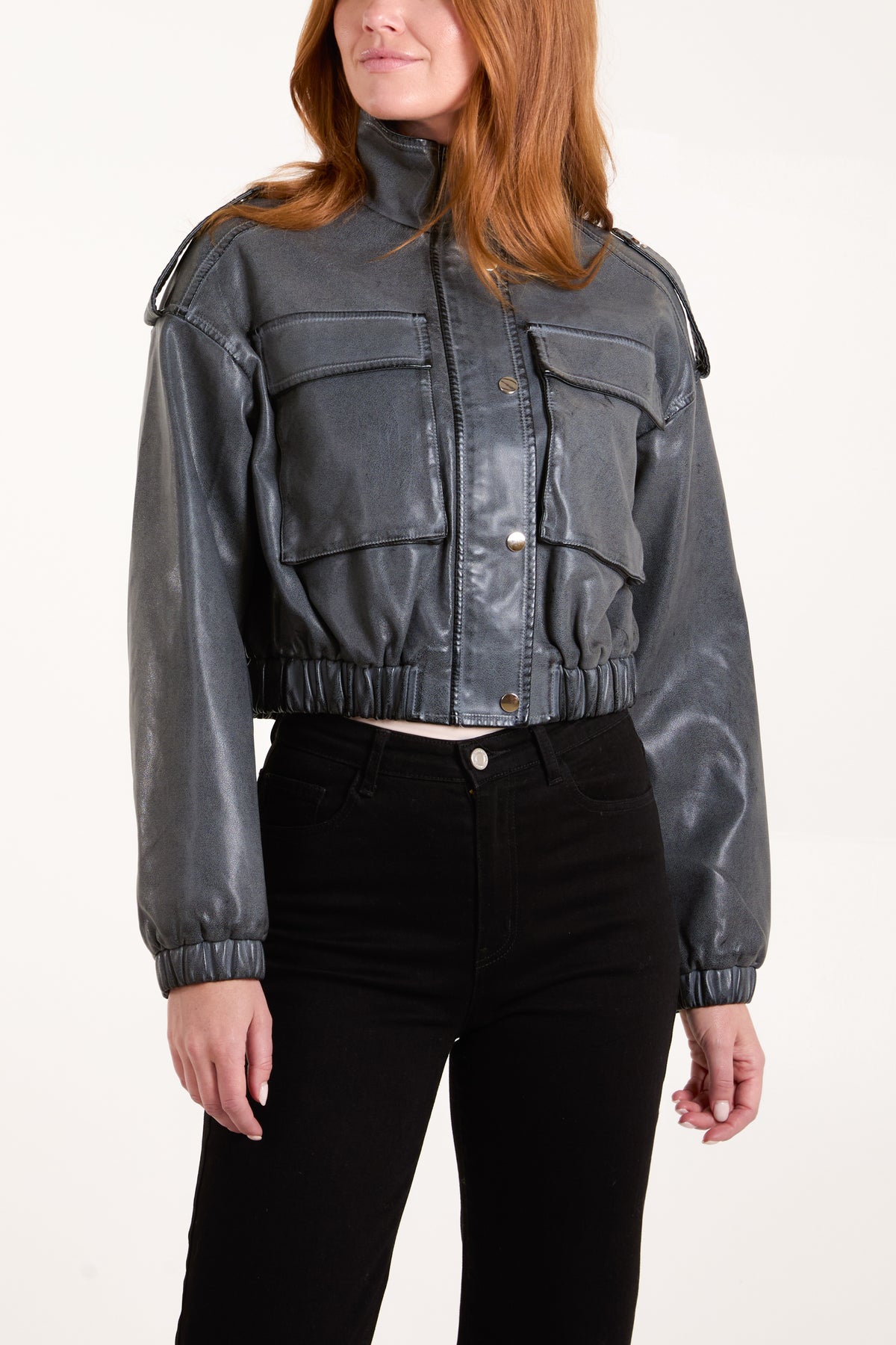 Pu Utility Cropped Bomber Jacket