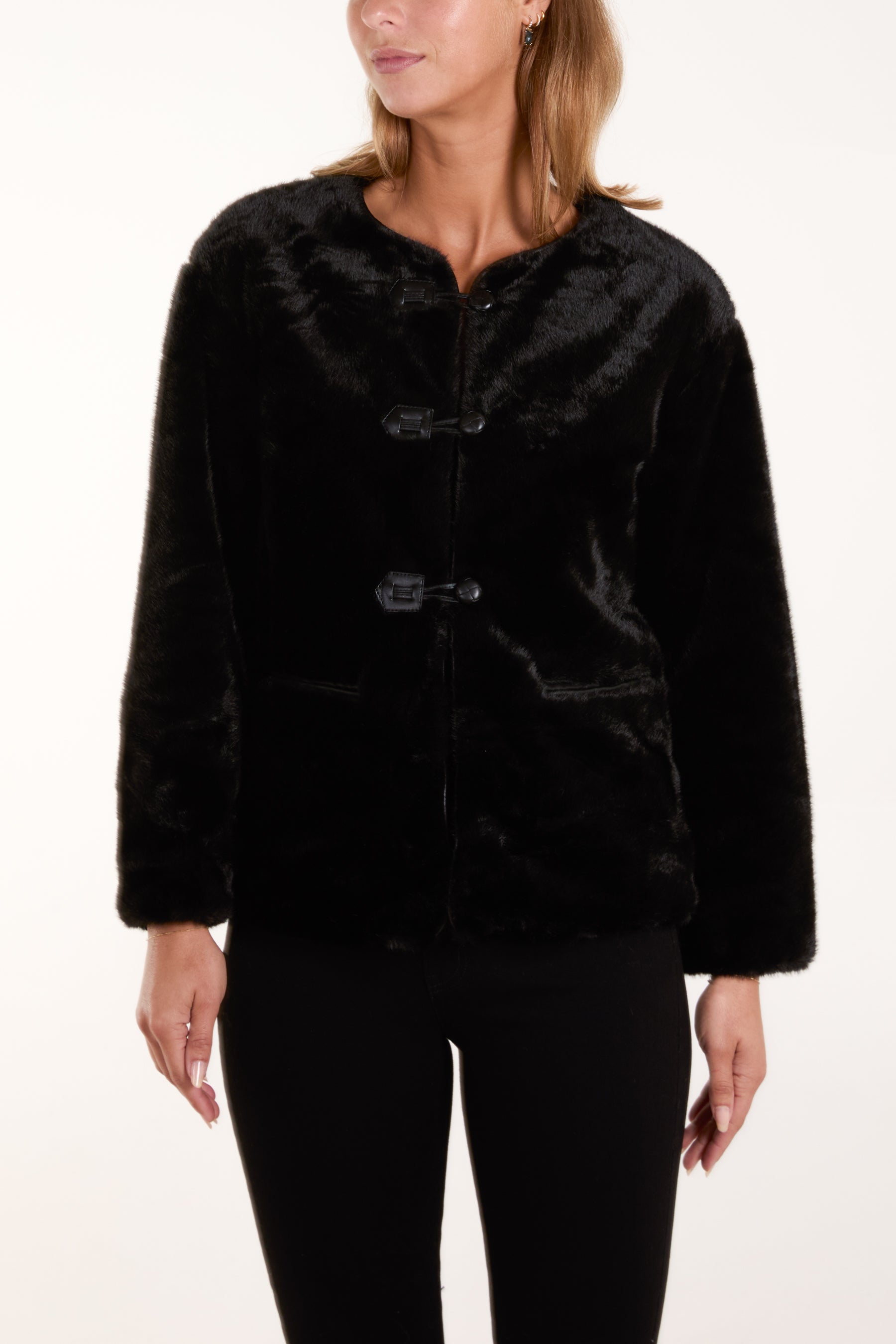 Collarless Toggle Detail Fur Jacket