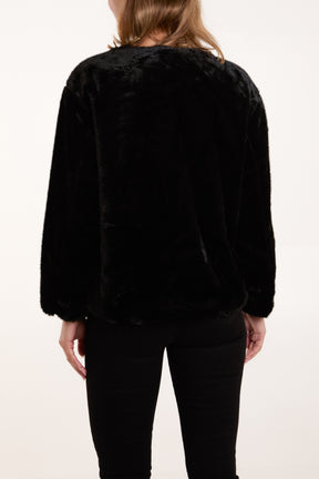 Collarless Toggle Detail Fur Jacket