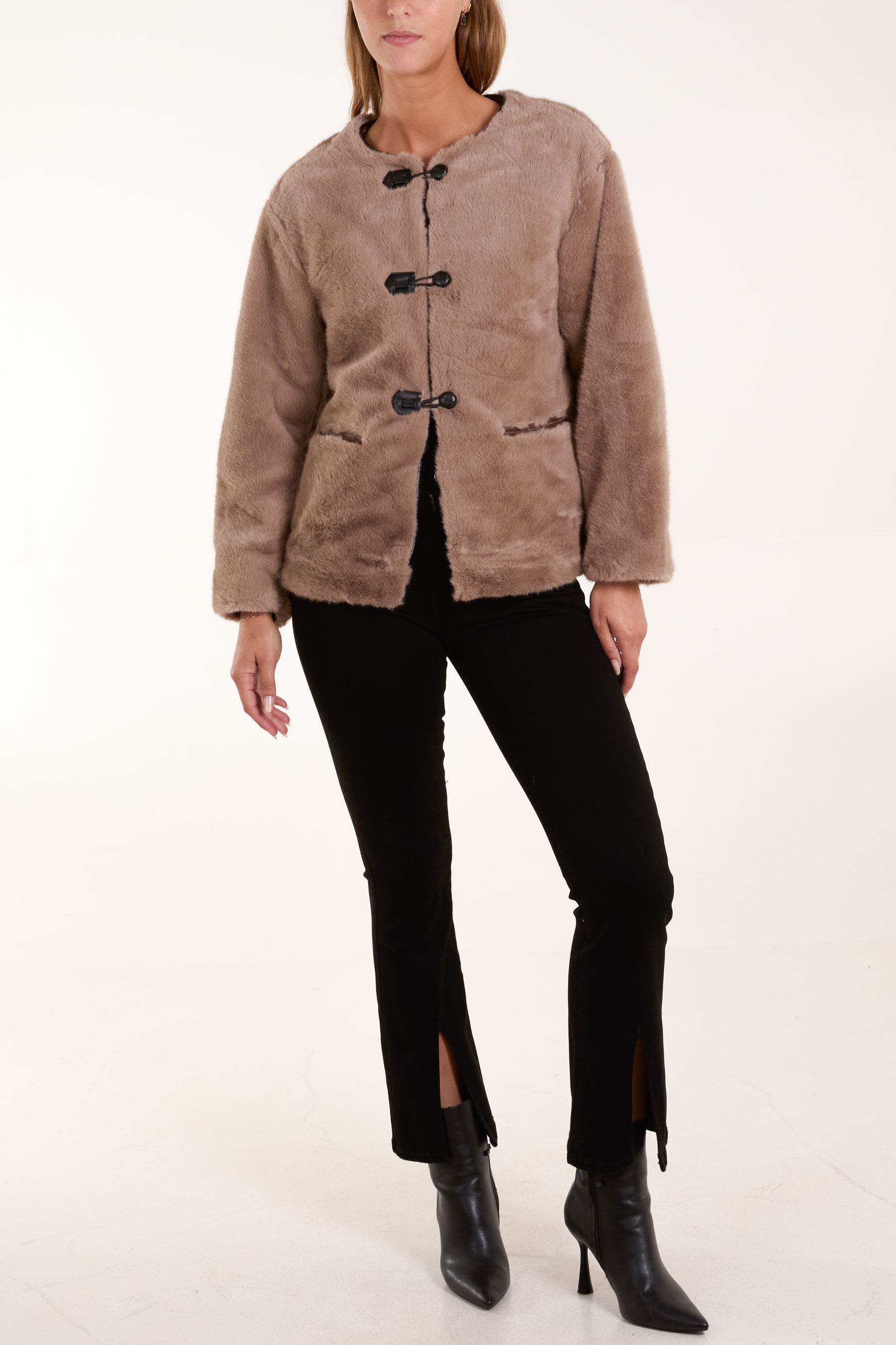 Collarless Toggle Detail Fur Jacket