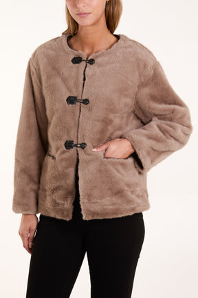 Collarless Toggle Detail Fur Jacket