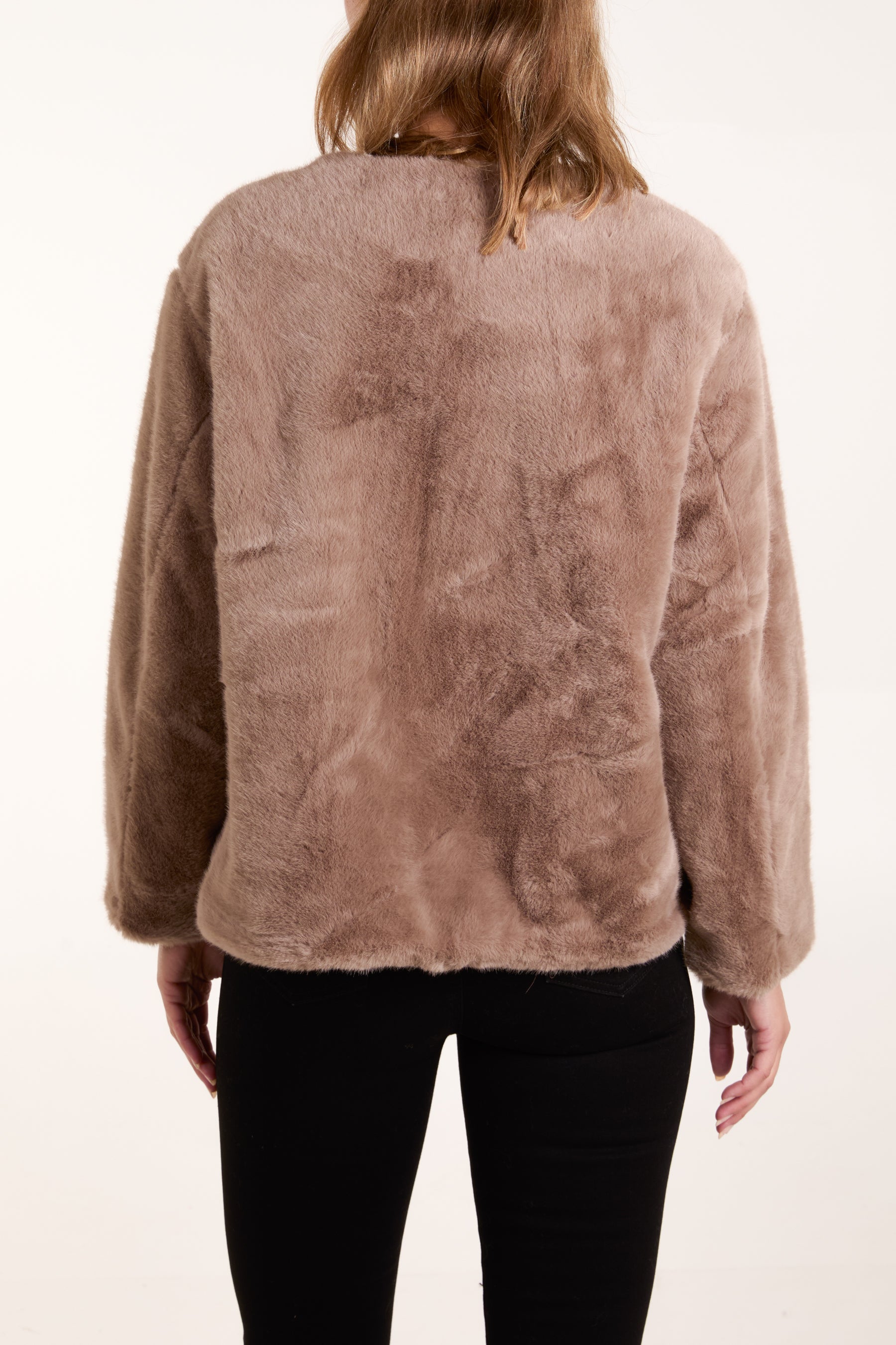 Collarless Toggle Detail Fur Jacket