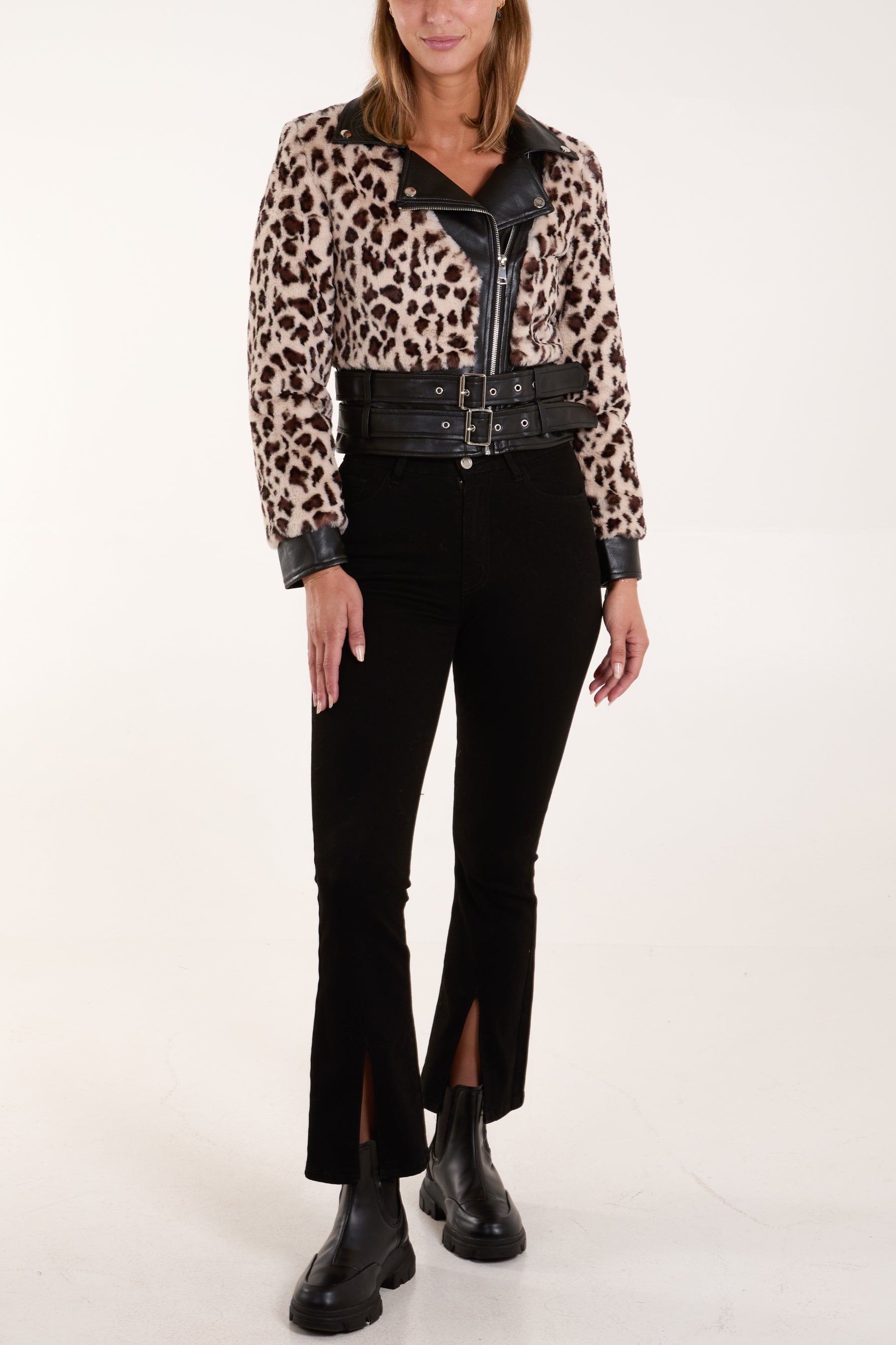 Leopard Fur Panel Pu Biker Jacket