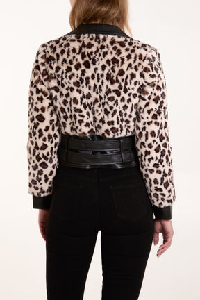 Leopard Fur Panel Pu Biker Jacket