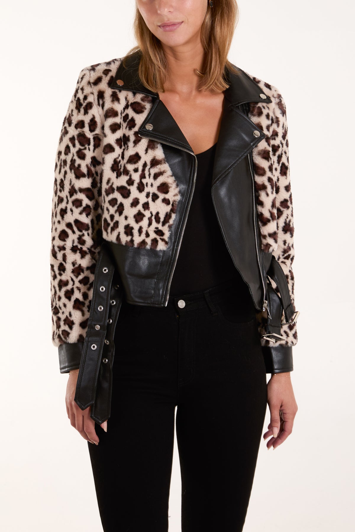 Leopard Fur Panel Pu Biker Jacket