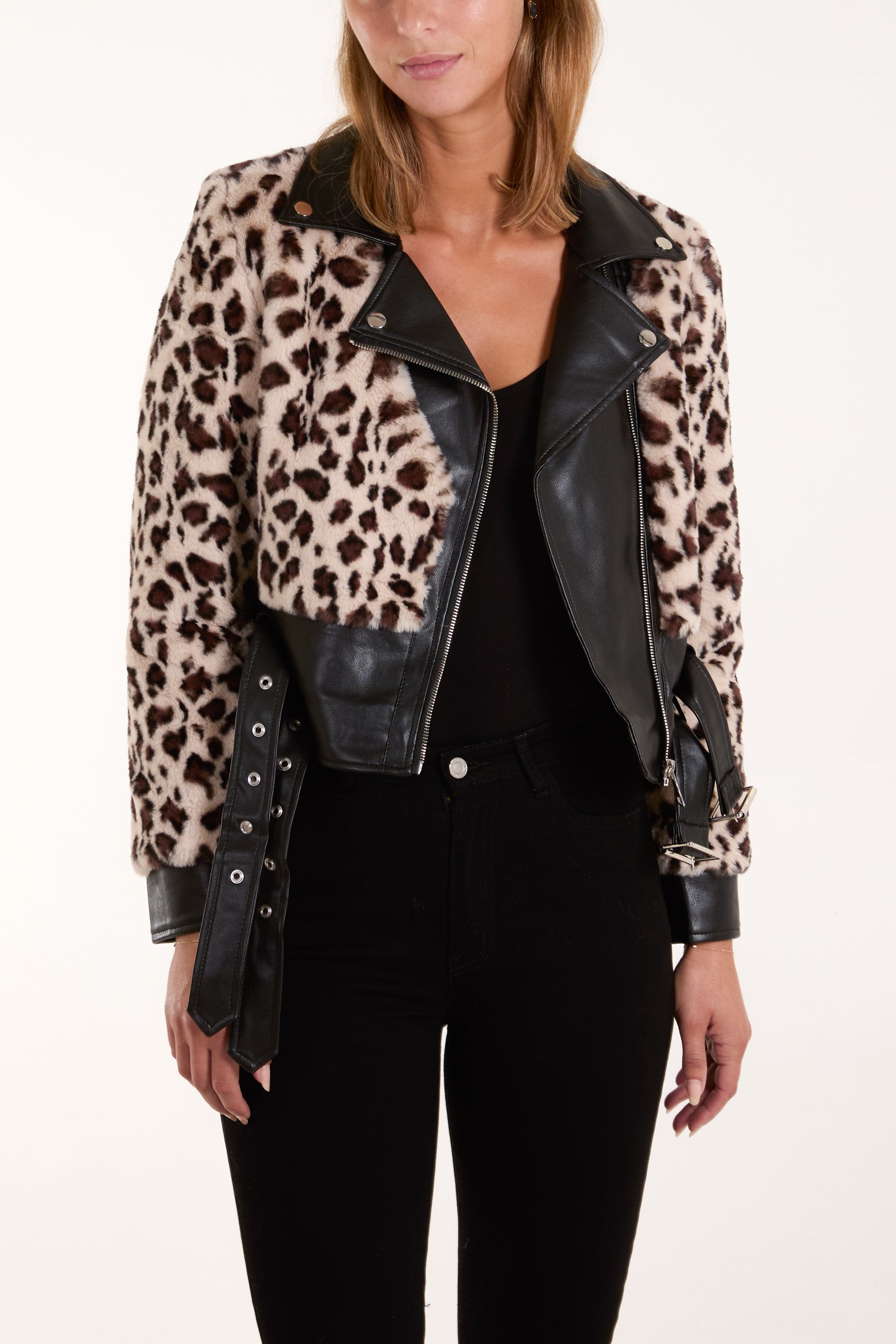 Leopard Fur Panel Pu Biker Jacket