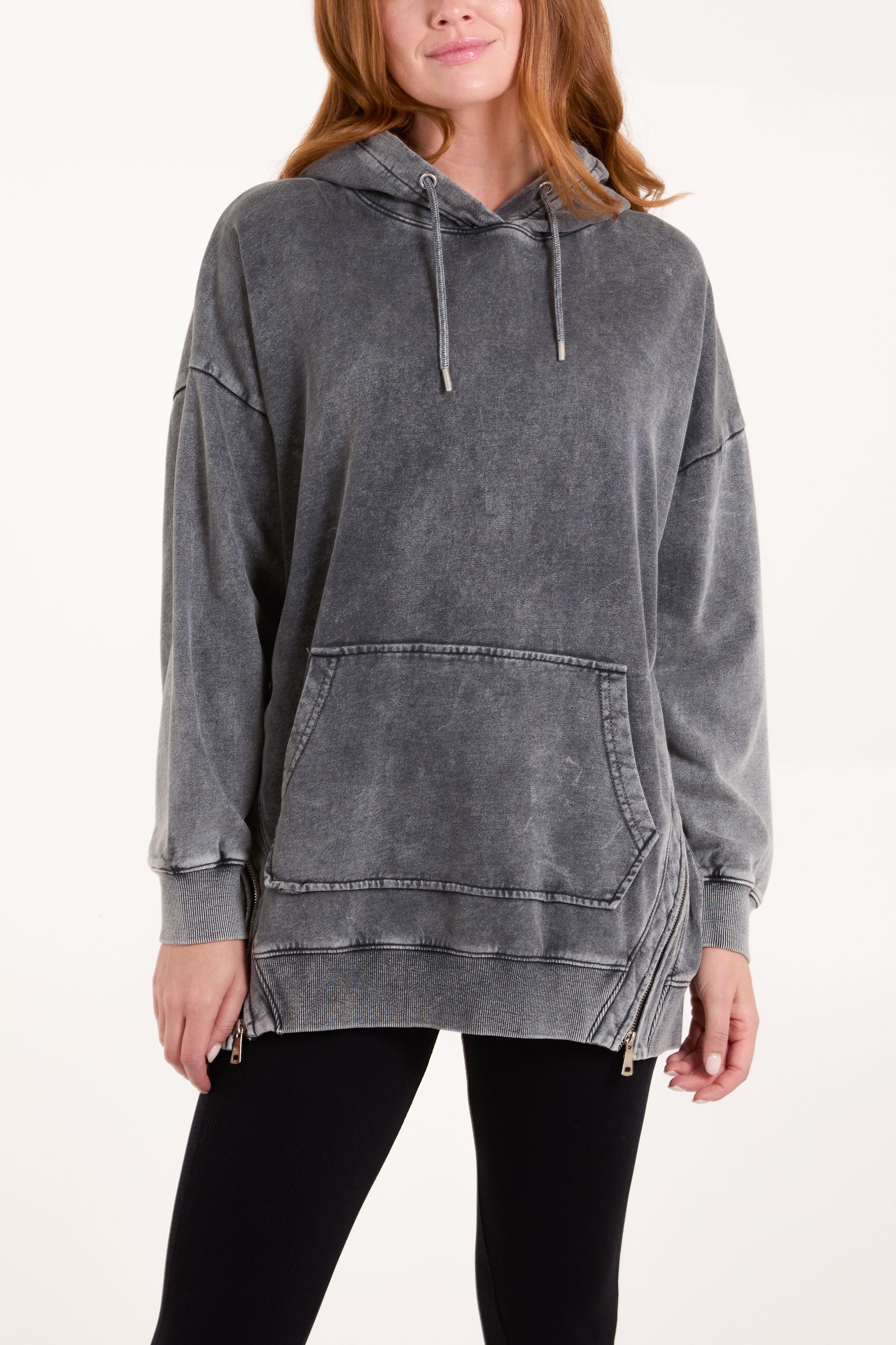 Side Zipper Acid Wash Hoodie