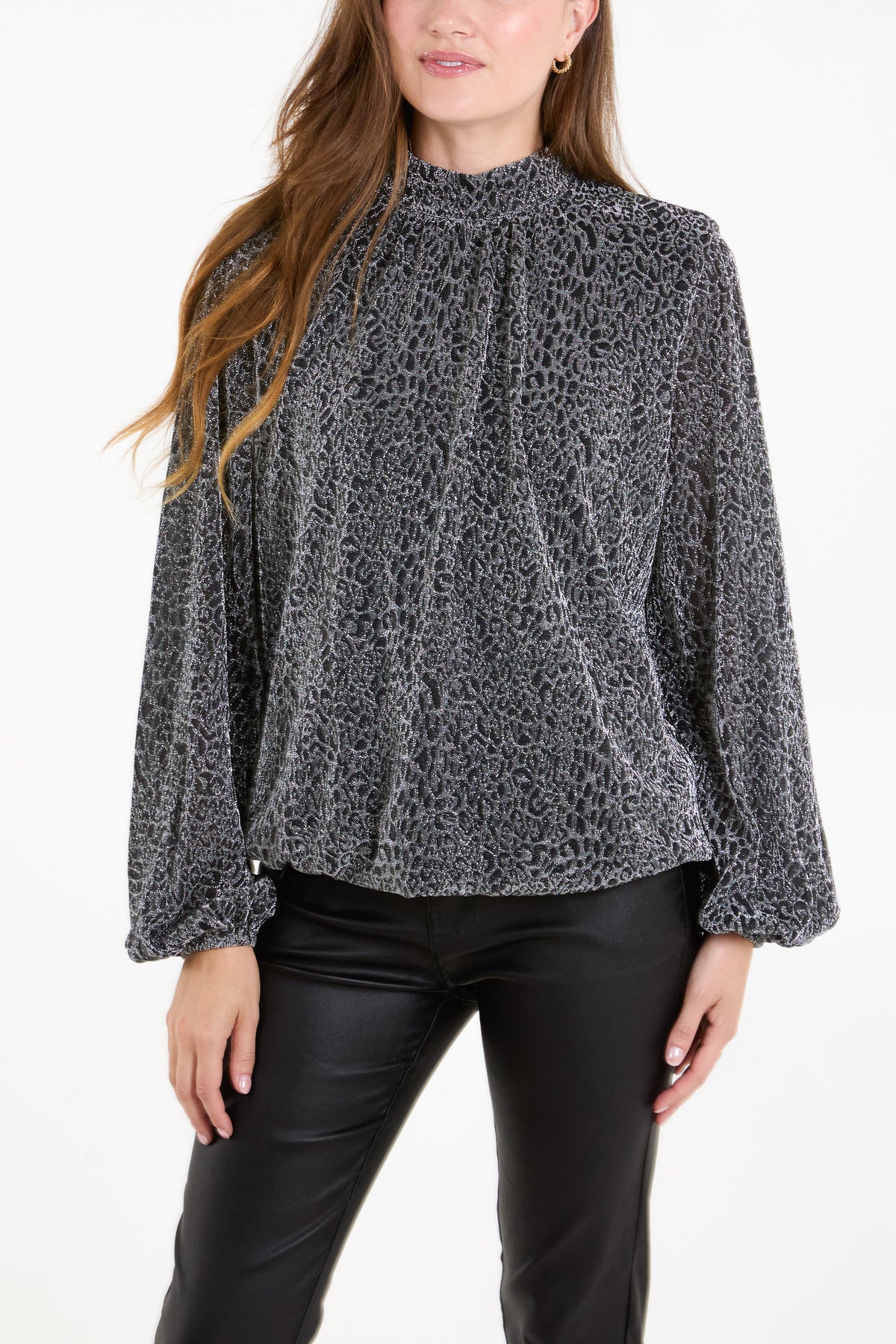 Metallic Animal Puffball Hem Blouse