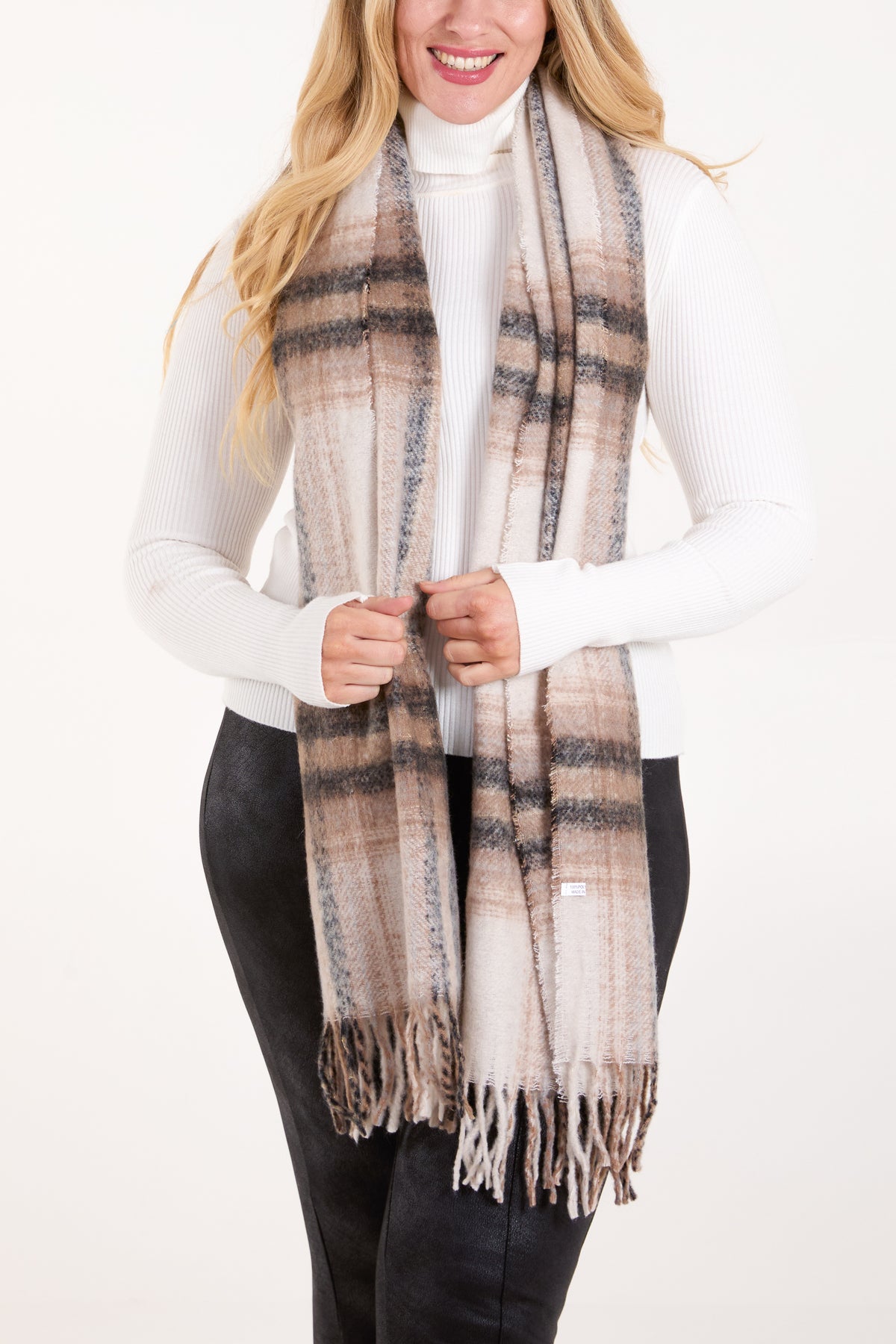 Cream Tartan Fluffy Tassel Scarf