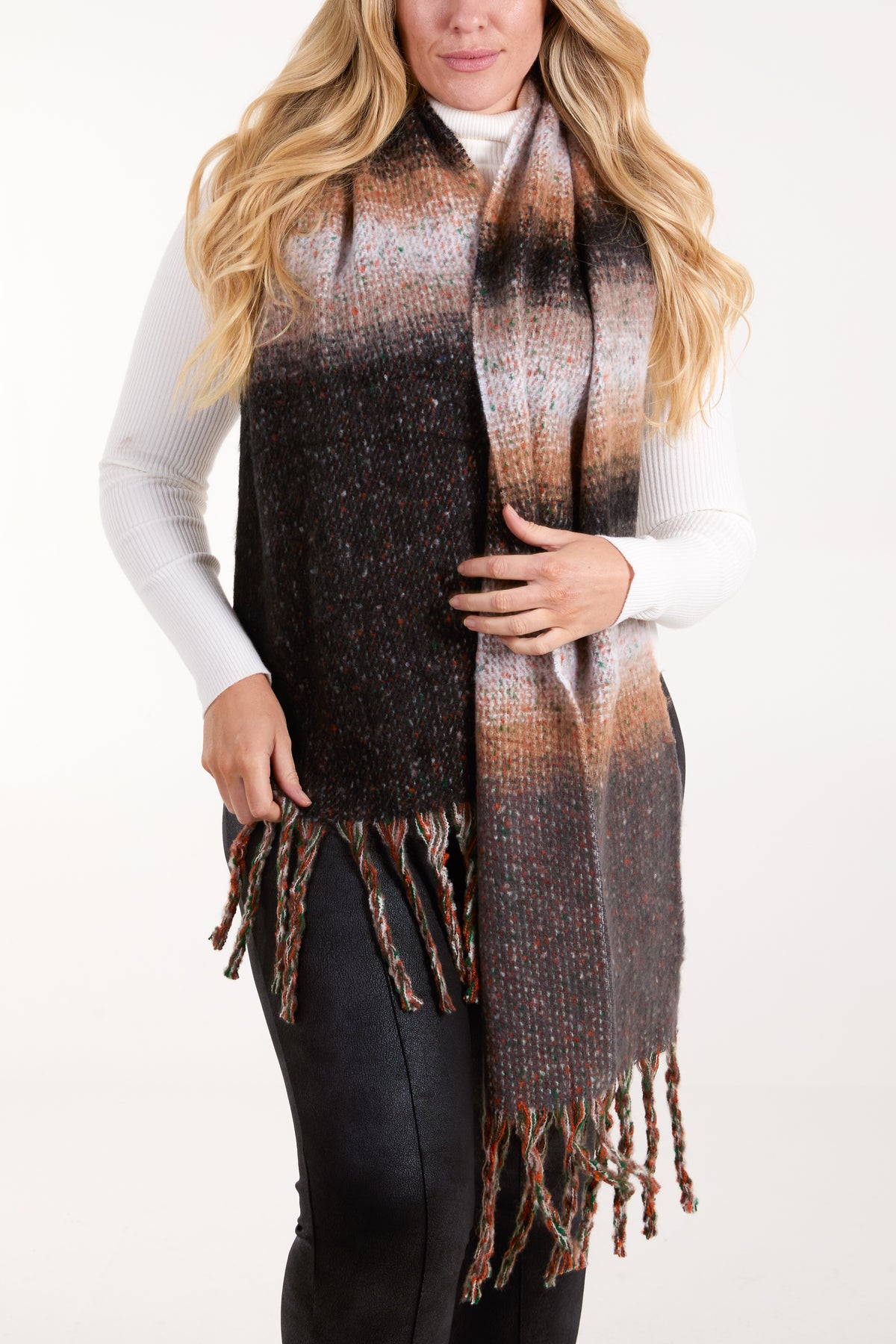 Stripe & Space Dye Fluffy Tassel Scarf