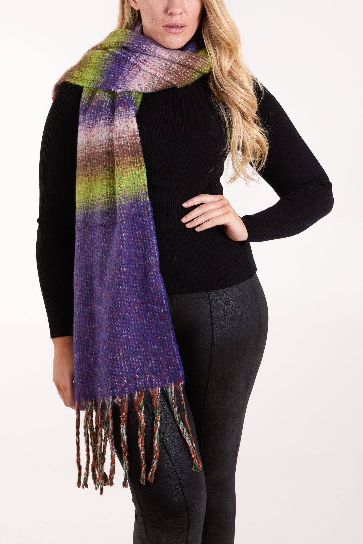 Stripe & Space Dye Fluffy Tassel Scarf