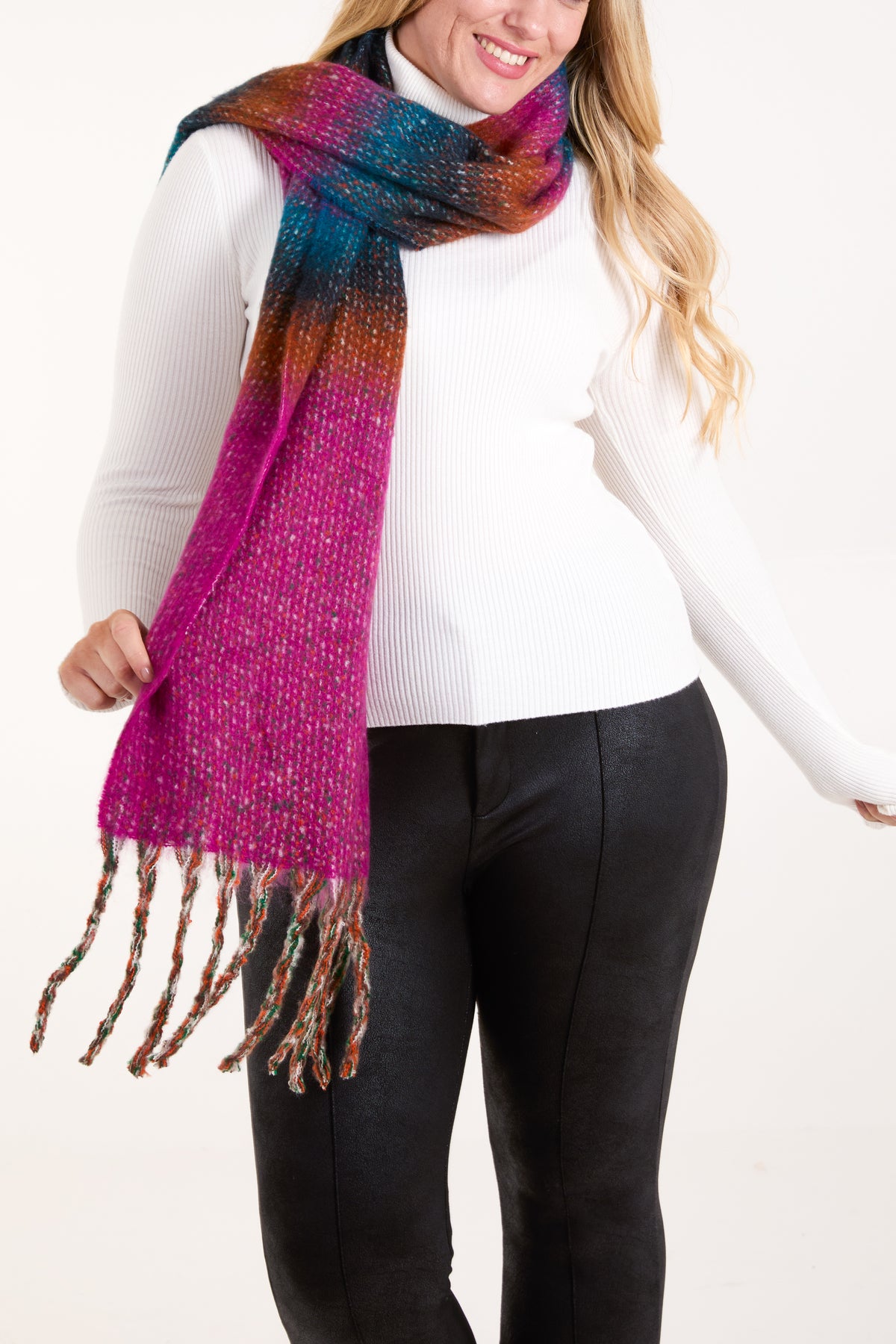 Stripe & Space Dye Fluffy Tassel Scarf