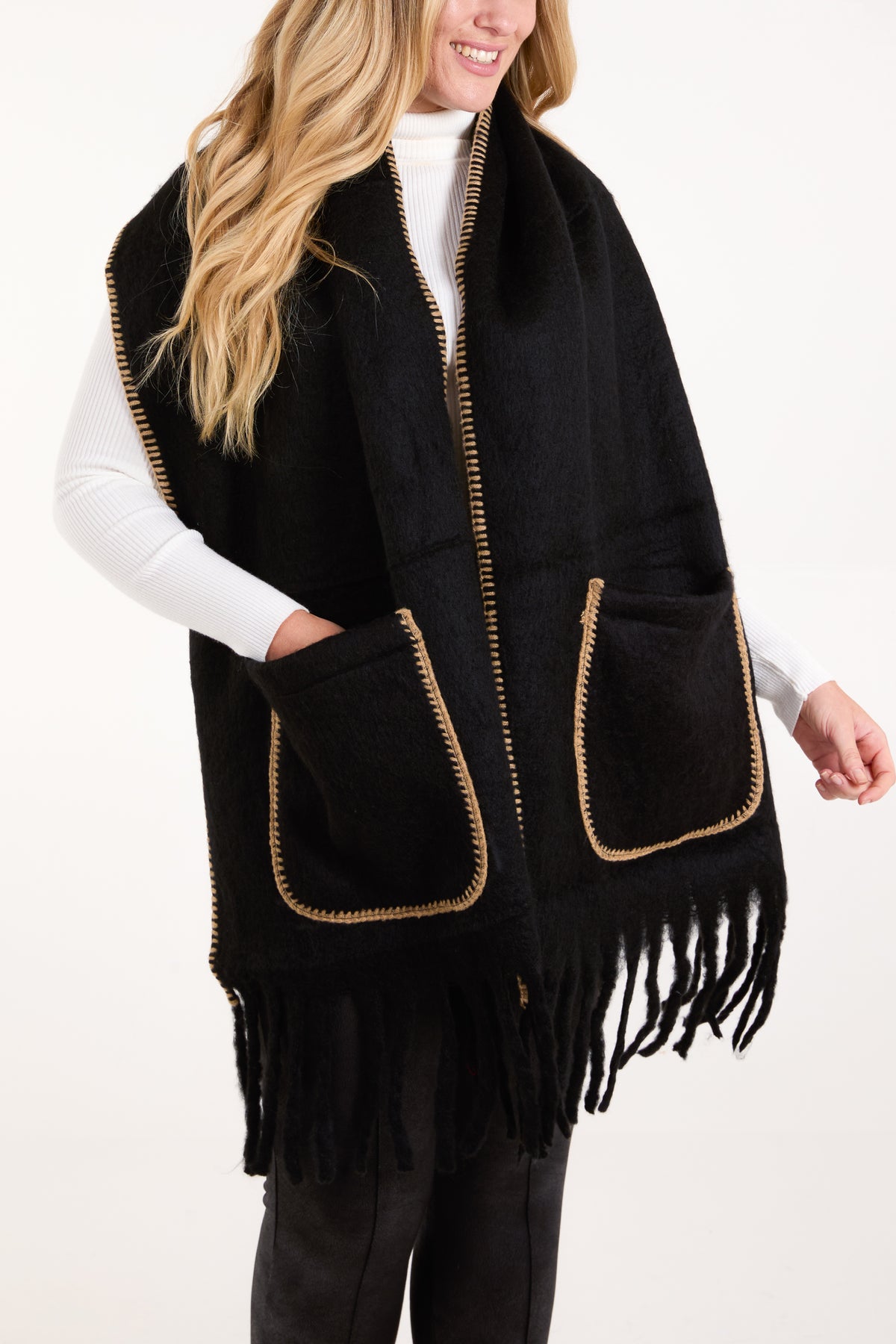 Stitch Hem Pocket Tassel Scarf