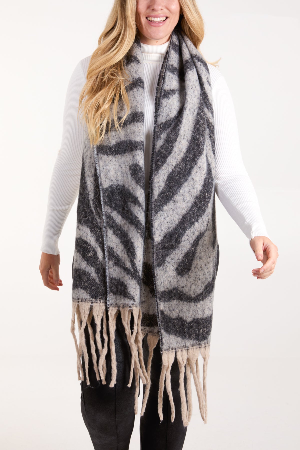 Zebra Print Tassel Scarf