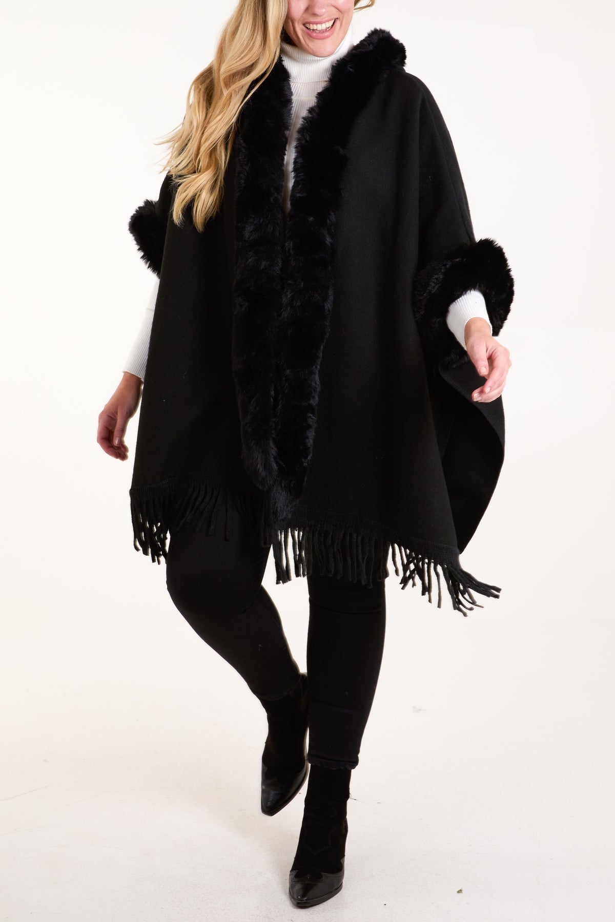 Fur Trim Tassel Cape