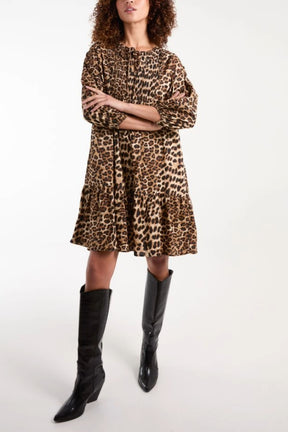 Leopard Print Front Tie Neck Smock Dress