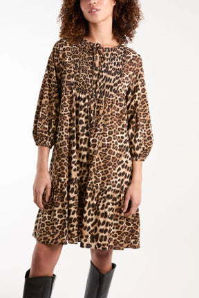 Leopard Print Front Tie Neck Smock Dress