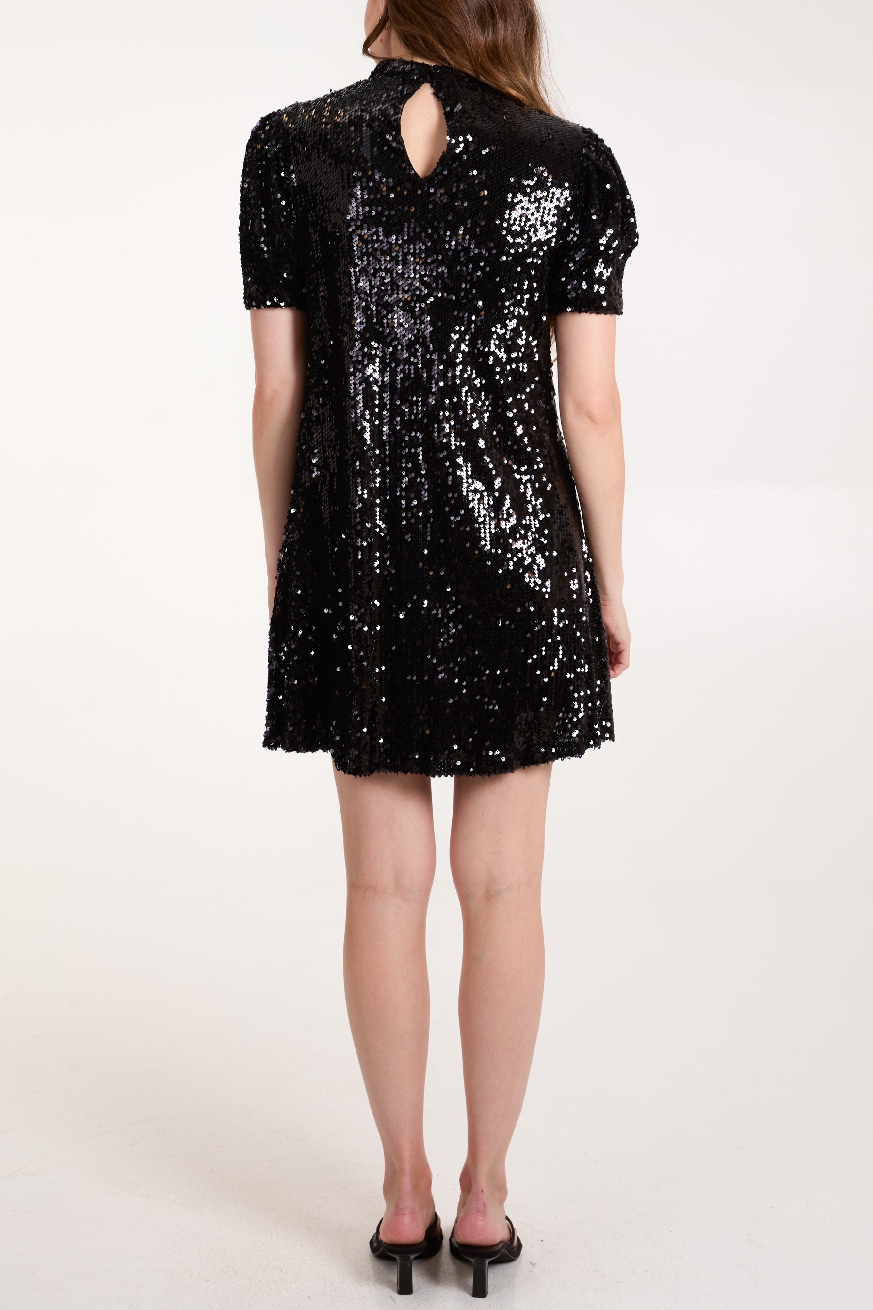 Puff Sleeve High Neck Sequin Dress