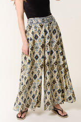 Damask Print Shirred Wide Leg Trouser