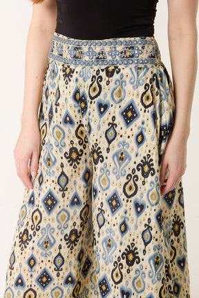 Damask Print Shirred Wide Leg Trouser