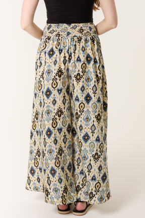 Damask Print Shirred Wide Leg Trouser