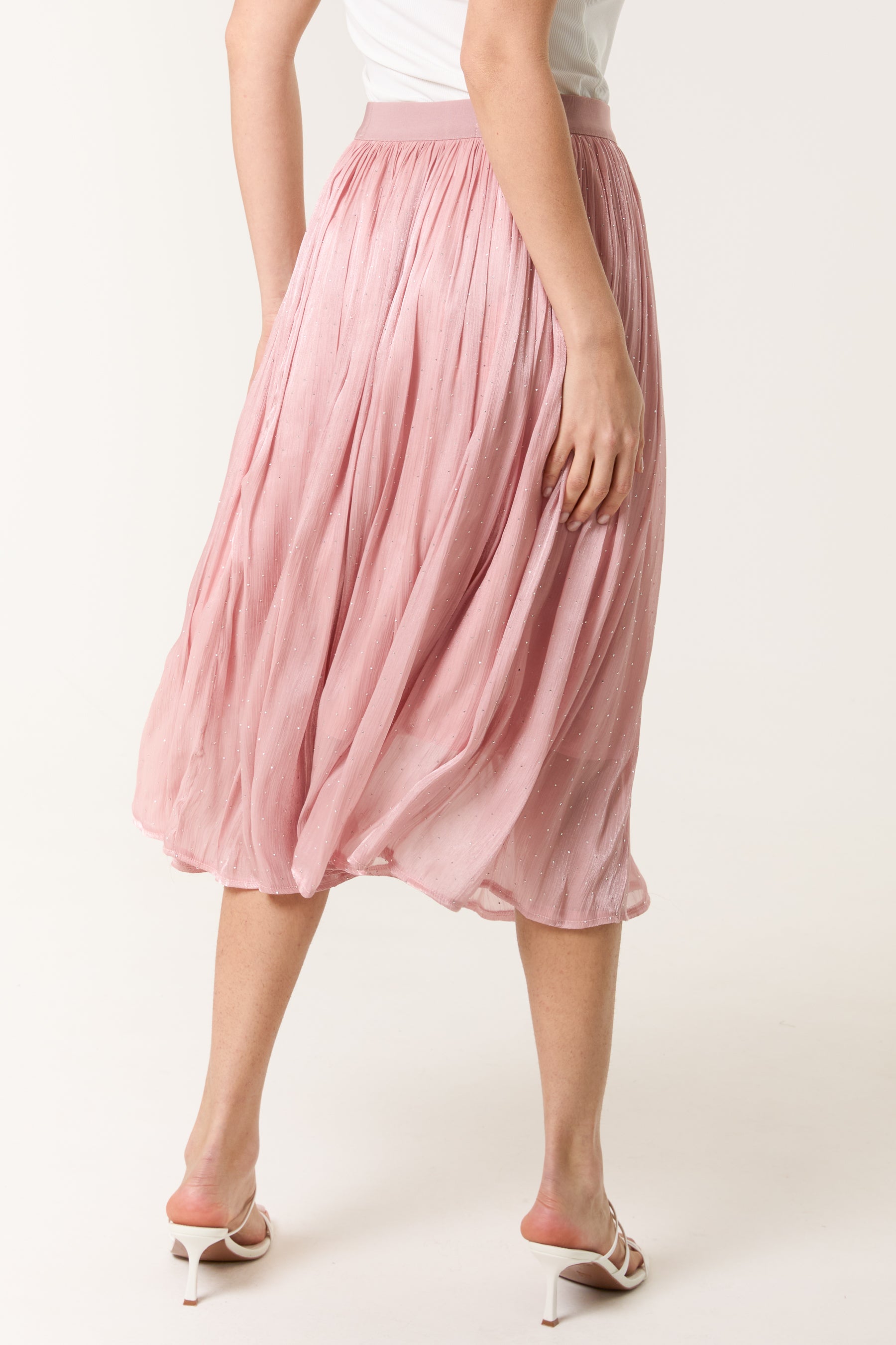 Elasticated Waist Satin Embellished Midi Skirt