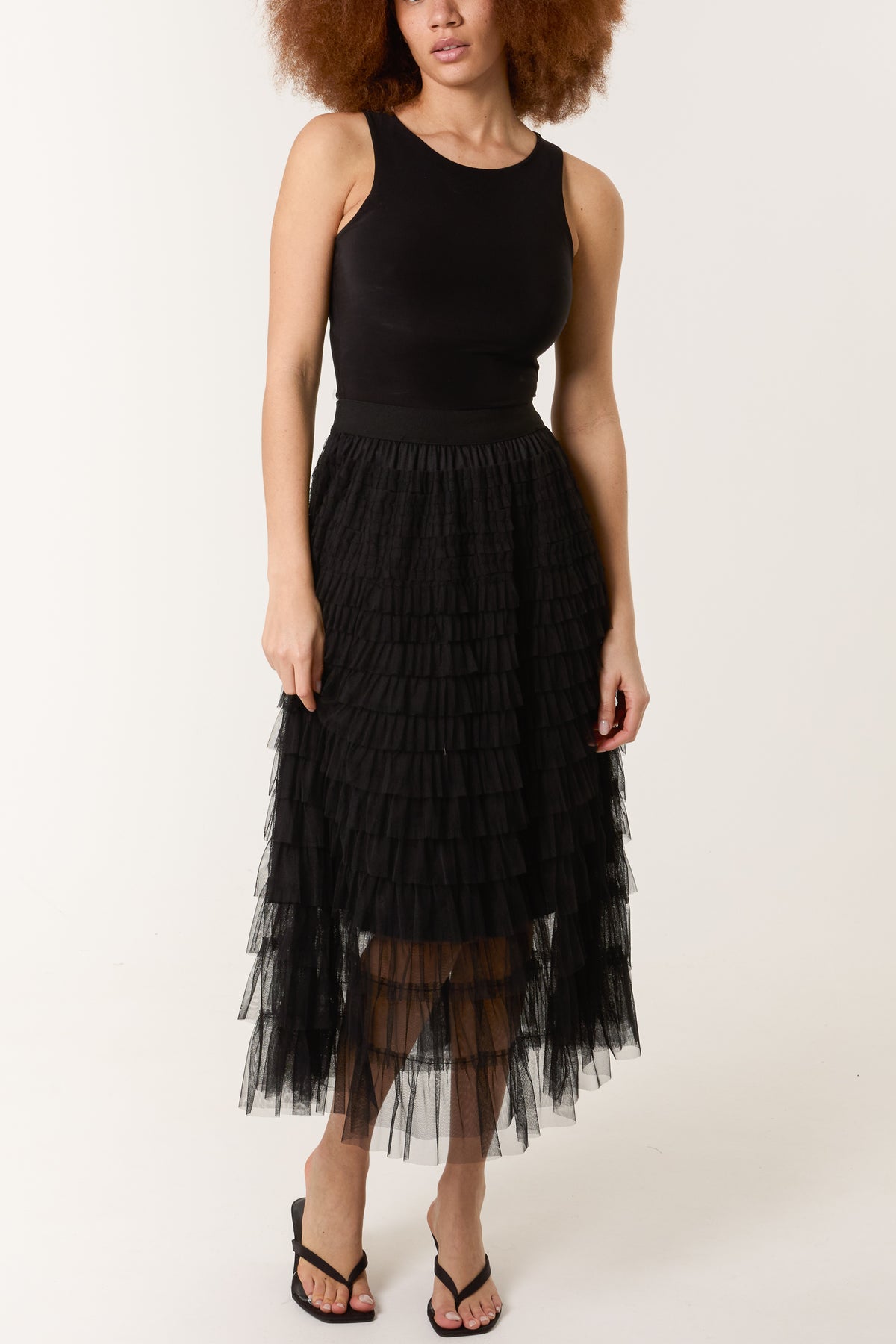 Frill Detail Mesh Midi Skirt