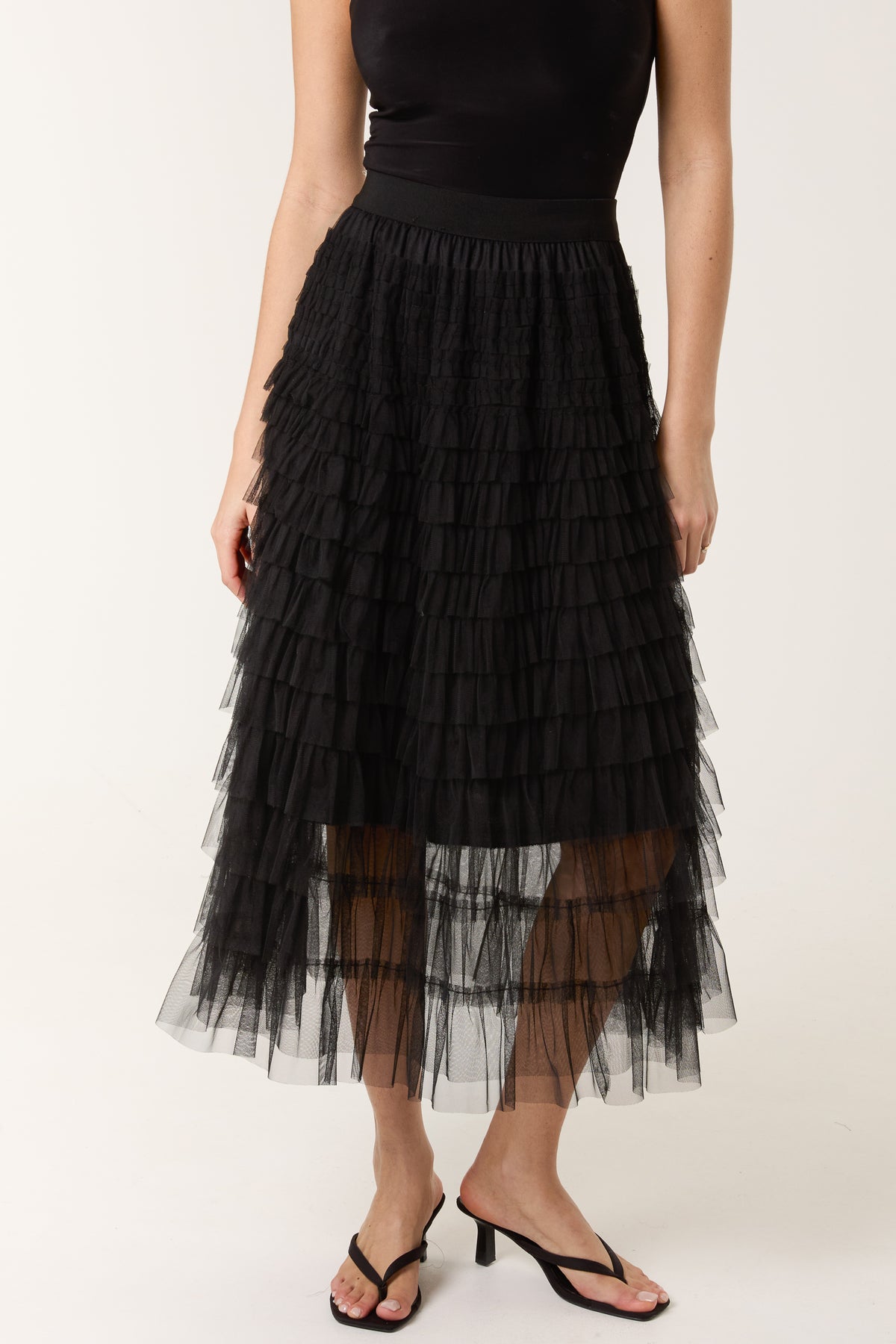 Frill Detail Mesh Midi Skirt