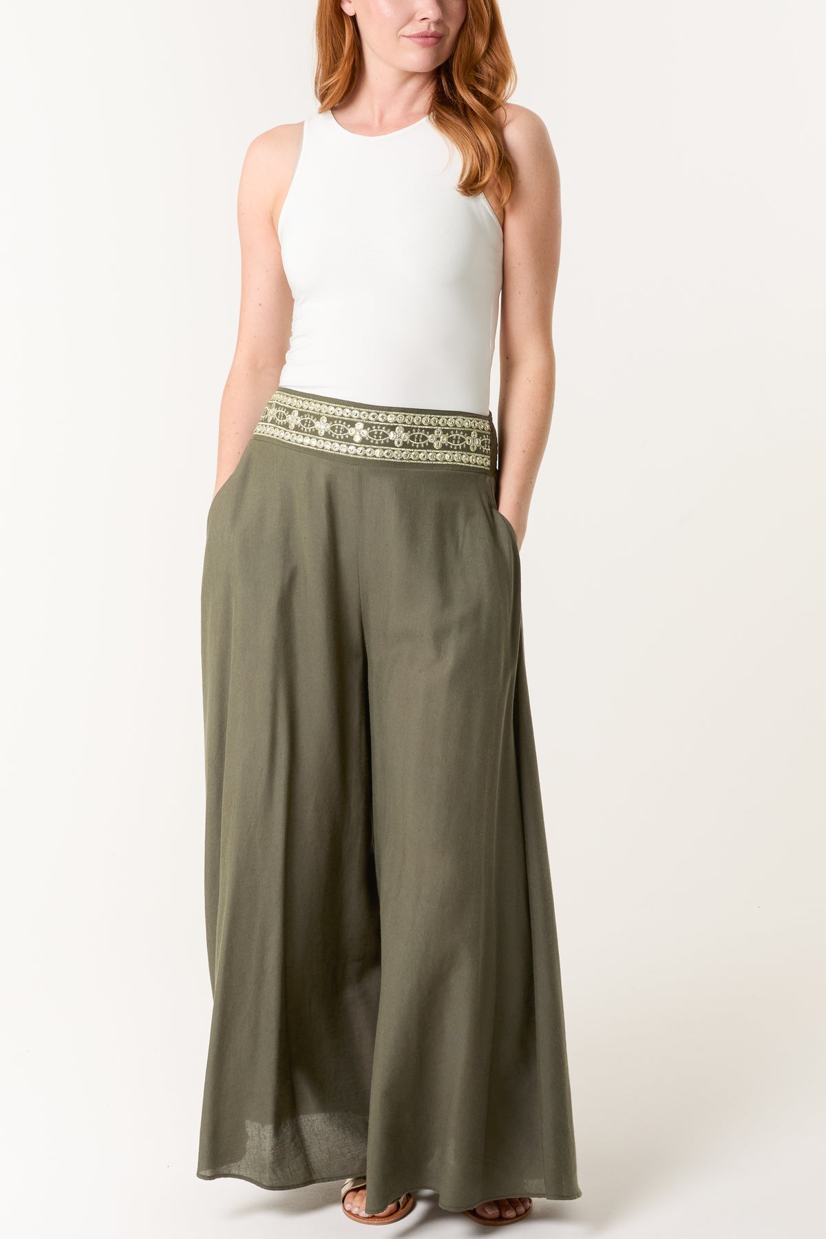 Wide Leg Embellished Edge Trousers