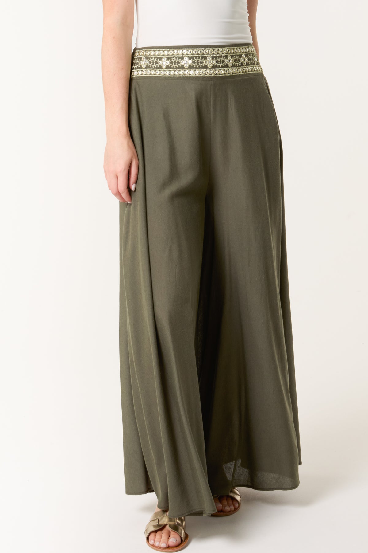 Wide Leg Embellished Edge Trousers