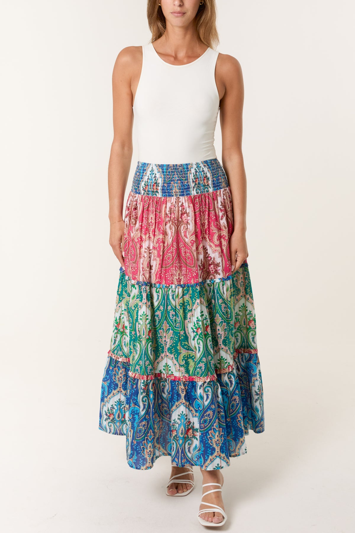 Ikat Print Tiered Shirred Maxi Skirt