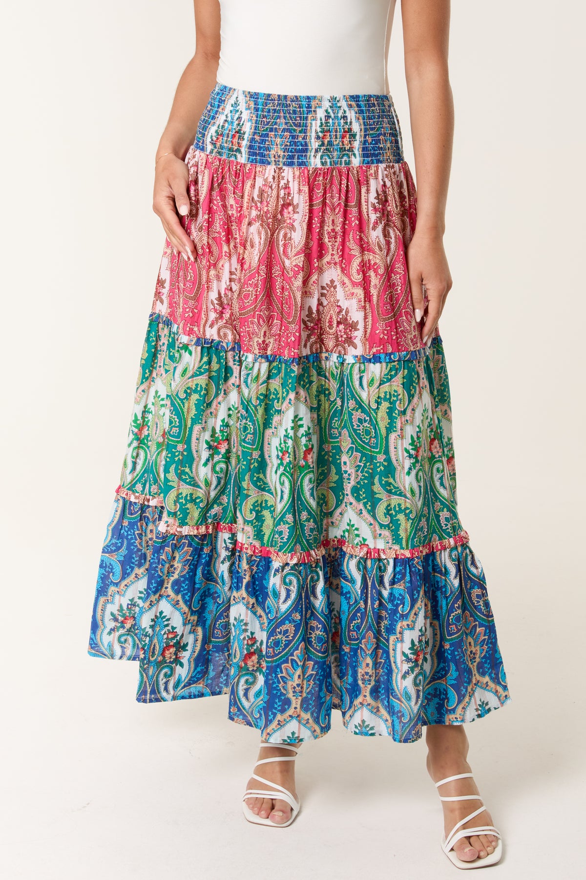 Ikat Print Tiered Shirred Maxi Skirt