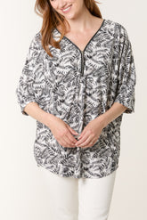 Monochrome Leaf Print Zip Front Top